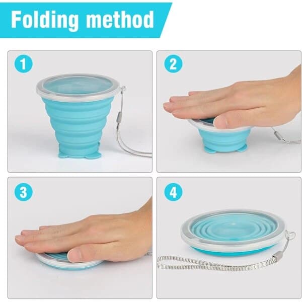 Sæt med 2 foldbare silikonekopper, blå og grå, 260 ml, 8,5x9,5x4,5 cm