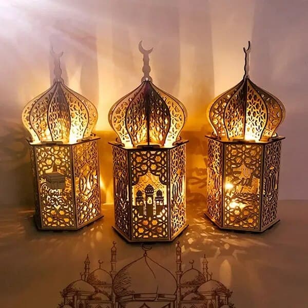 Sæt med 3 LED Eid Mubarak lamper, træ, 35x15cm