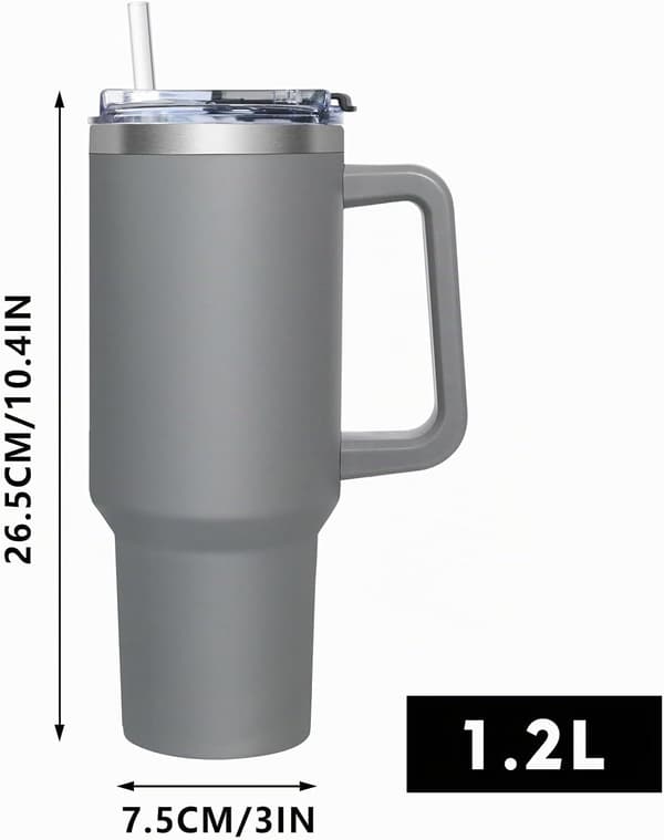 Termosmugg med 2-i-1 lock 1200 ml, Drickskopp med lock och sugrör, Grå