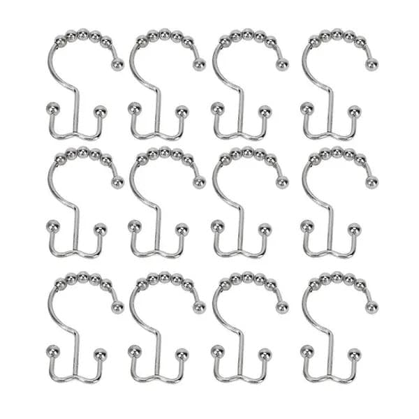Set med 12 duschdraperikrokar, rostfritt metall med glidande kulor, dubbel design för draperi och innerfoder, silver