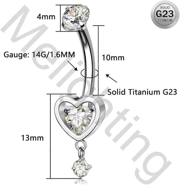 Hjerte Titanium Navlepiercing Indvendigt Gevind 14G Dingle Navlepiercing