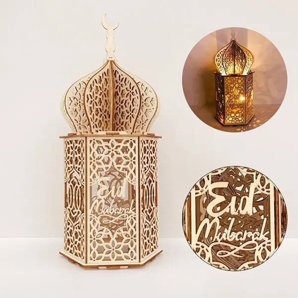 Sæt med 3 LED Eid Mubarak lamper, træ, 35x15cm