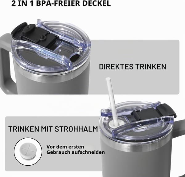 Termosmugg med 2-i-1 lock 1200 ml, Drickskopp med lock och sugrör, Grå