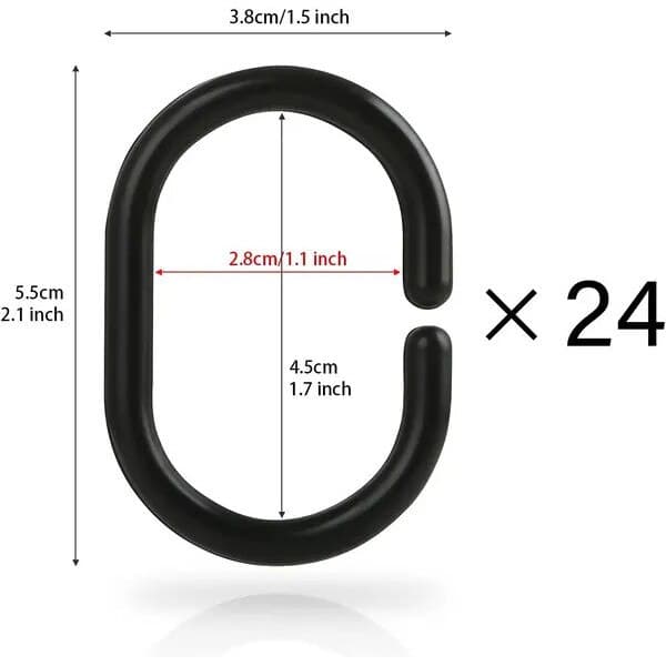Plast badeforhængsringe, sort, sæt med 24, ca. 45×30 mm