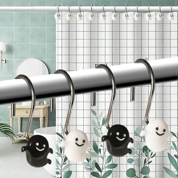 Duschdraperikrokar, spökdesign, metall och plast, vit, set om 12