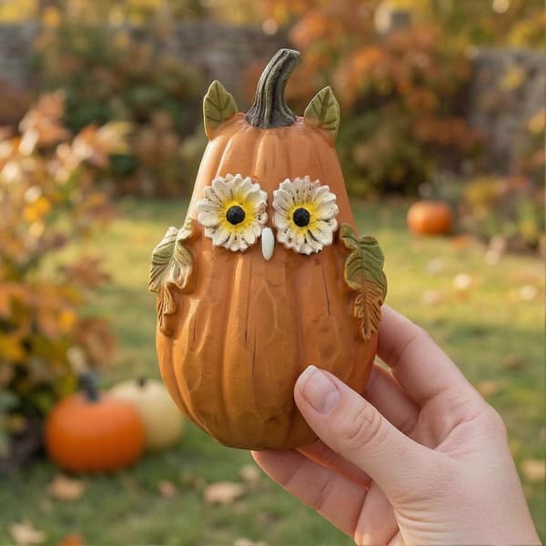 Håndlavet Uglefigur med Græskar til Høst og Halloweenpynt B