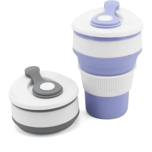 Sæt med 2 foldbare silikonekopper, lilla og blå, 350 ml