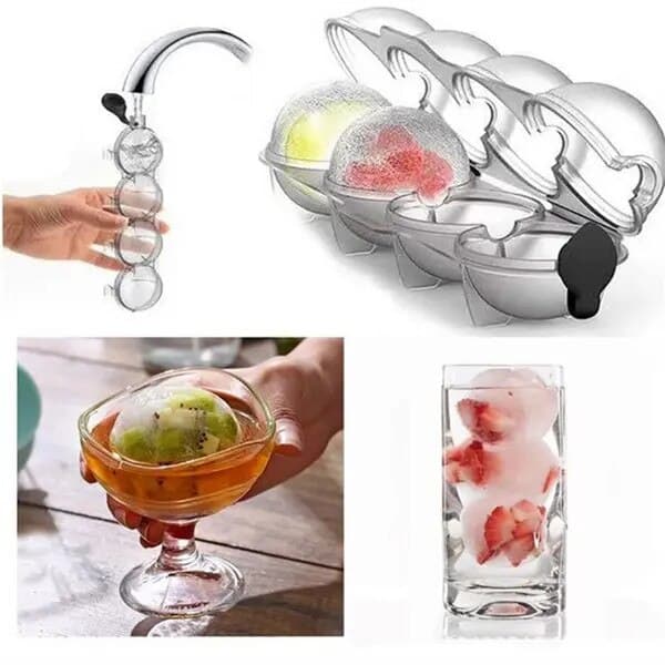 4-rums PP isterningform med silikonelåg, transparent/sort, kugler Ø 5,5 cm