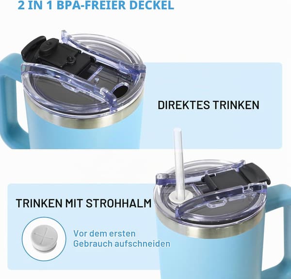 Termosmugg med 2-i-1 lock 1200 ml, Drickskopp med lock och sugrör, Ljusblå