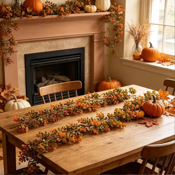 Kunstig efterårs-eukalyptusguirlande, efterårs-pengebladsvin, kunstigt grønt til Thanksgiving-høsten, E