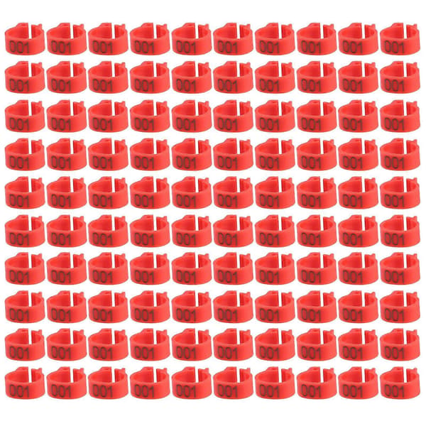 100 numrerade plastduvringar 8 mm, bokstäver 001-100 (röd)