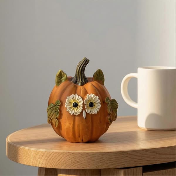 Håndlavet Uglefigur med Græskar til Høst og Halloweenpynt B