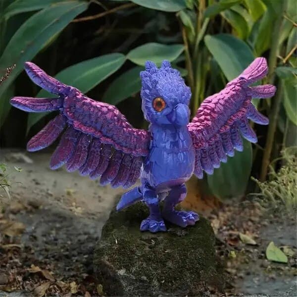 3D-printad örnfigur, ledad, plast, mintgrön/lila