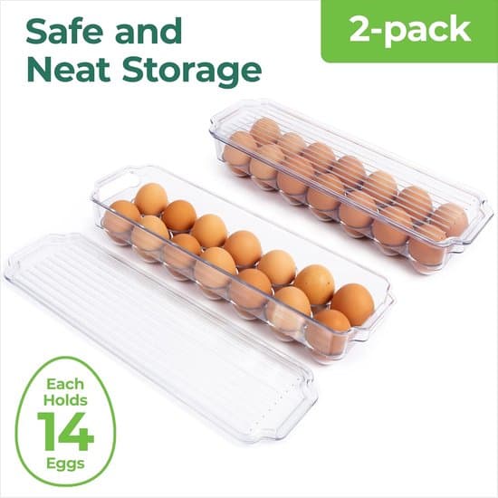 Kylskåpsägglåda - Med lock och handtag - 14 ägg - Stapelbar, Transparent - 2-pack