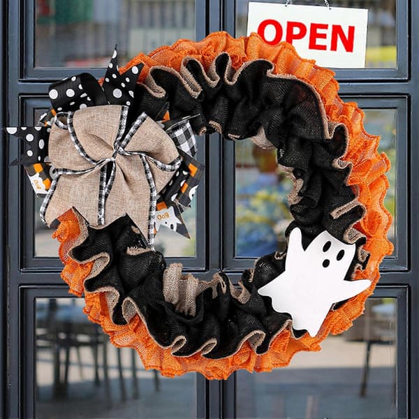Halloween Dørkrans med Spøgelse og Sækkelærredssløjfe 1 stk.