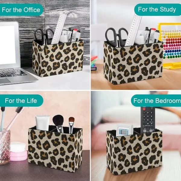Brun leopard PU læder penneholder 15x7x11cm multifunktionel