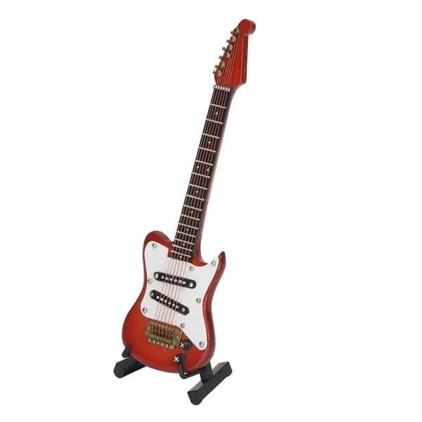 Miniatyrgitarr i trä för dockhus, furu, röd, höjd 14,6 cm