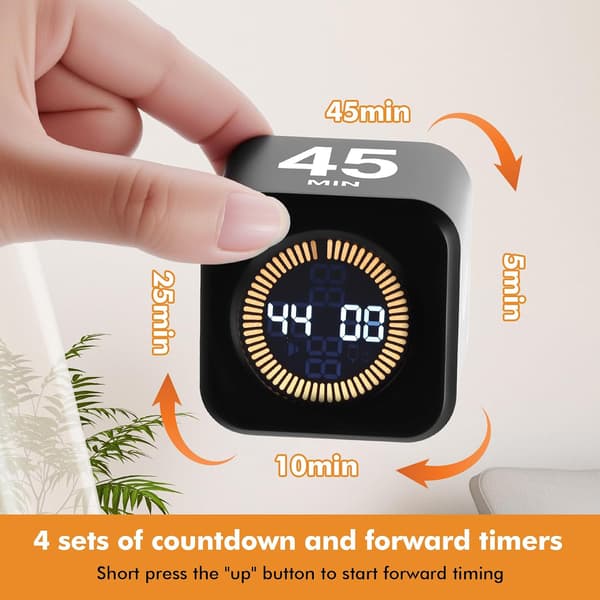 Rotation Pomodoro Timer, 5/10/25/45 minutter, Brugerdefineret nedtællingskube Visuel, Sort