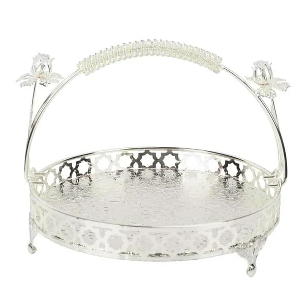 Fruktserveringsbricka, retrostil, hållbar legering, silver, medelstor, med handtag