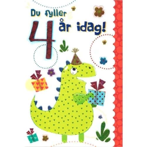 Gratulationskort 4 år med Dinosaurie - Spader