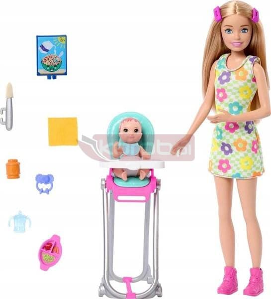 BARBIE SKIPPER BARNVAKT DOCKA + MATSTOL med bebis HTK35