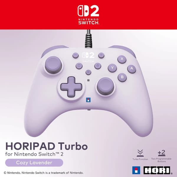 Hori Turbo Cozy Lavender-controller til Nintendo Switch 2 med ledning