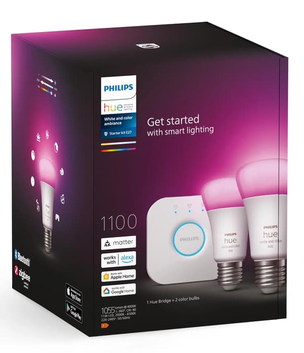 Philips Hue White and Colour Ambiance E27 LED-lampa 2-pack + brygga