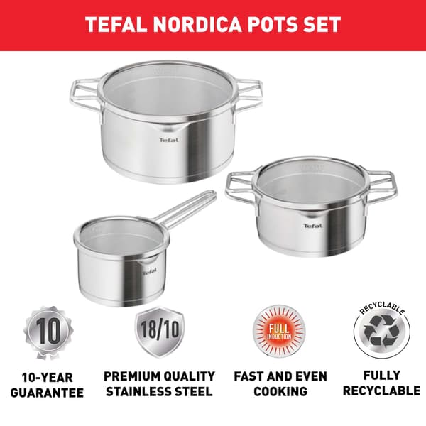 Tefal Nordica kastrullset, 3 delar, rostfritt stål