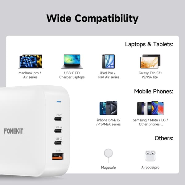 FoneKit GaN PD 165W nätadapter, USB-A + 3 x USB-C, vit