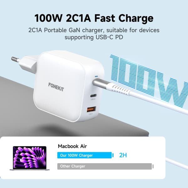 FoneKit GaN PD 100W nätadapter, USB-C + USB-C + USB-A, vit