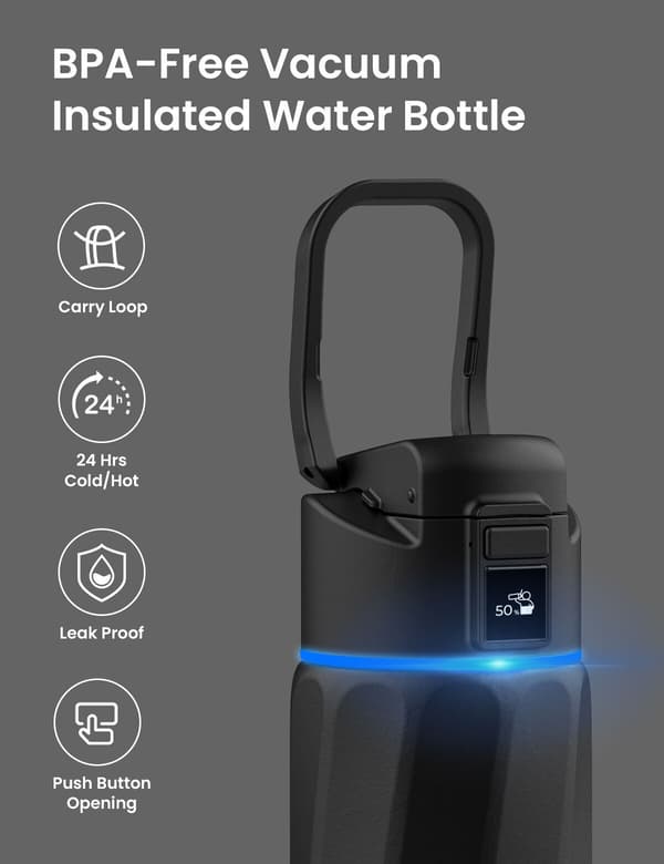 WaterH BOOST Chug Lid smart vattenflaska, 710 ml, svart