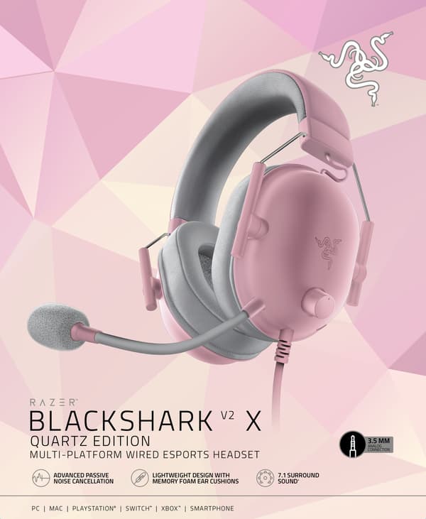 Razer Blackshark V2 X -spelhörlurar, rosa