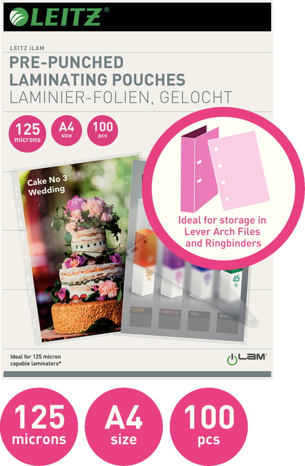 Leitz A4 125 mikron -lamineringsficka, hålad, 100 st