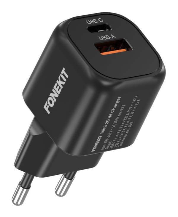 FoneKit Mini 20 W, USB-C + USB-A, svart