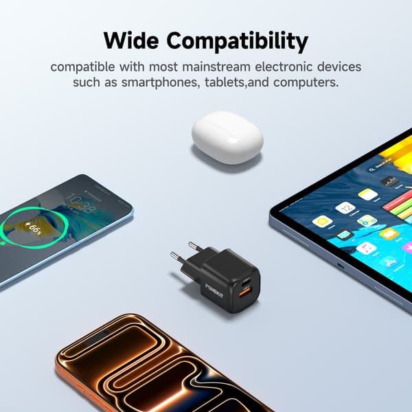 FoneKit Mini 20 W, USB-C + USB-A, svart