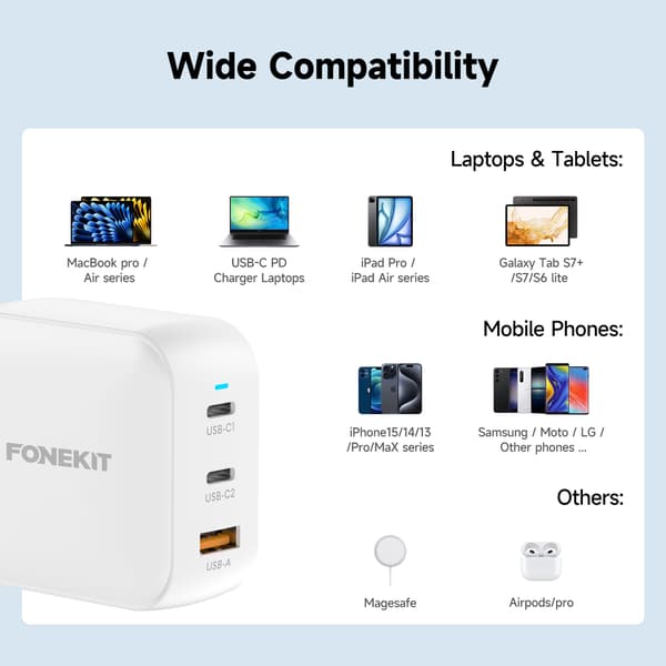 FoneKit GaN PD 100W nätadapter, USB-C + USB-C + USB-A, vit