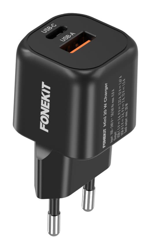 FoneKit Mini 20 W, USB-C + USB-A, svart