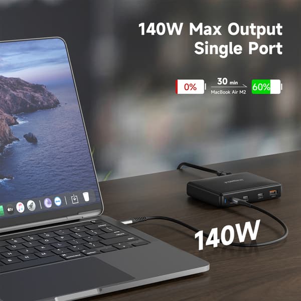 FoneKit GaN PD 140 W nätadapter, 3 x USB-C + 1 x USB-A, svart
