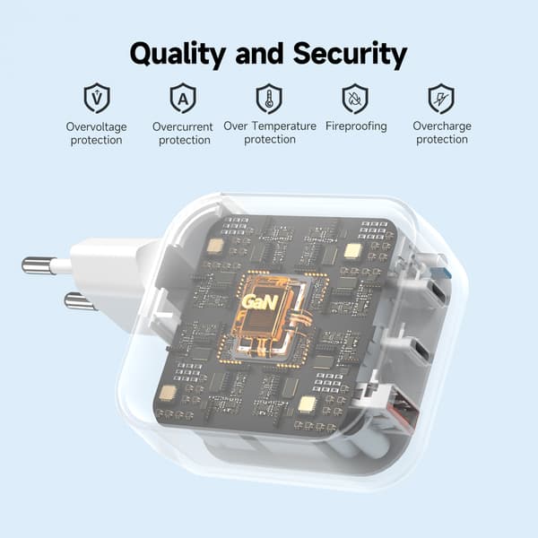 FoneKit GaN PD 100W nätadapter, USB-C + USB-C + USB-A, vit