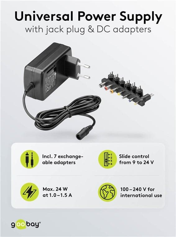Goobay universalnätadapter 9–24 V, 24 W, 1,5 A