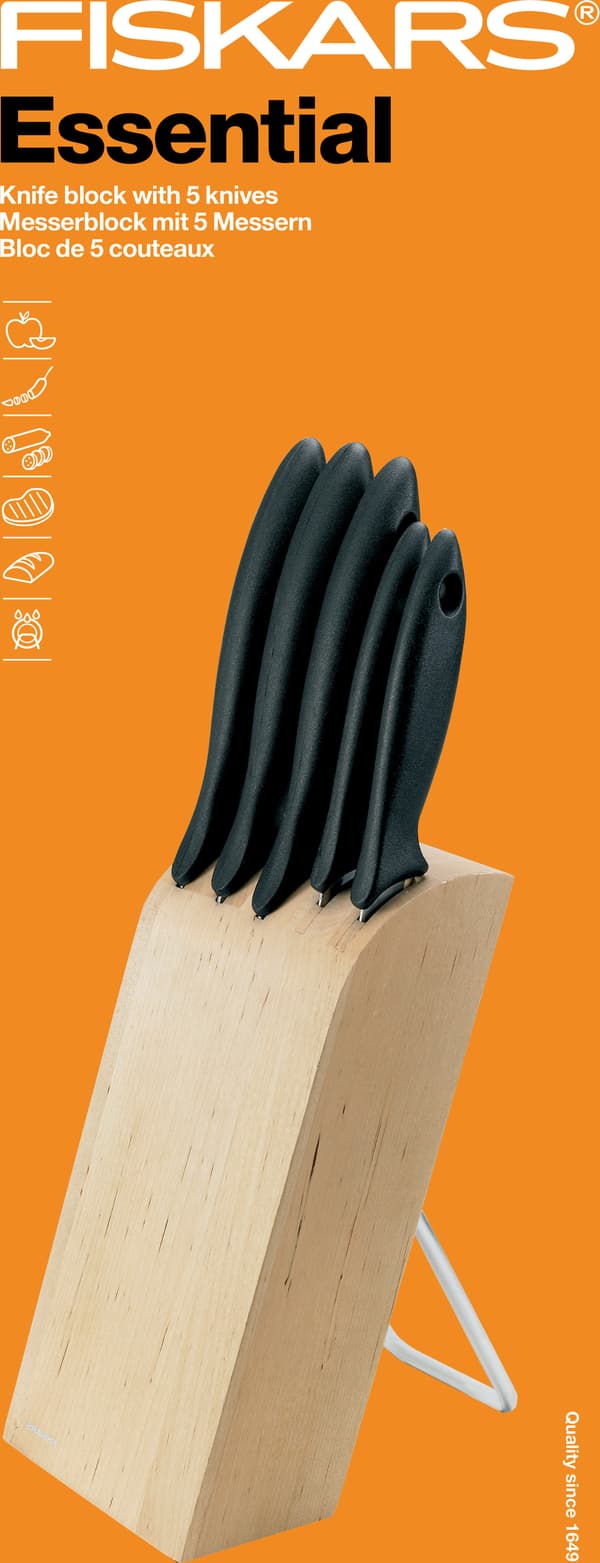 Fiskars Essential -knivställ, inkl 5 knivar