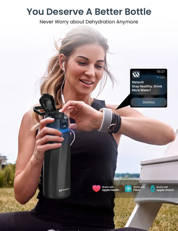 WaterH BOOST Chug Lid smart vattenflaska, 710 ml, svart