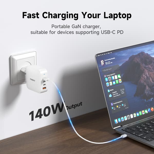 FoneKit GaN PD 165W nätadapter, USB-A + 3 x USB-C, vit