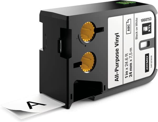 DYMO XTL -vinyltejp 24 mm x 7 m, svart med vit botten