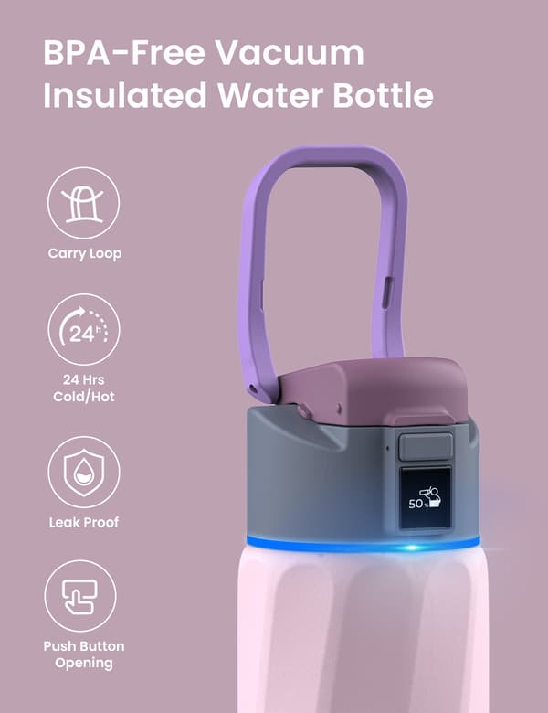 WaterH BOOST Chug Lid smart vattenflaska, 710 ml, rosa