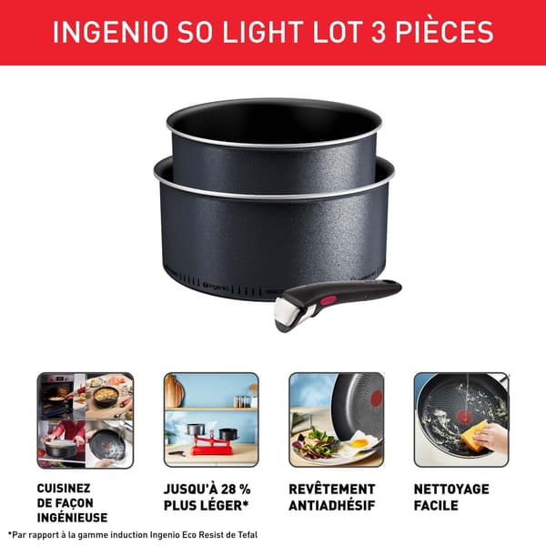 Tefal Ingenio So Light kastrullset, 3 delar, grå