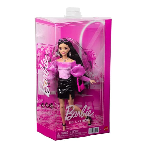 Barbie Deluxe Style modedocka, fluffig tröja och läderkjol