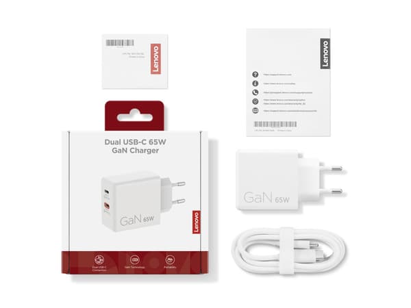 Lenovo Dual USB-C 65W GaN-laddare, vit