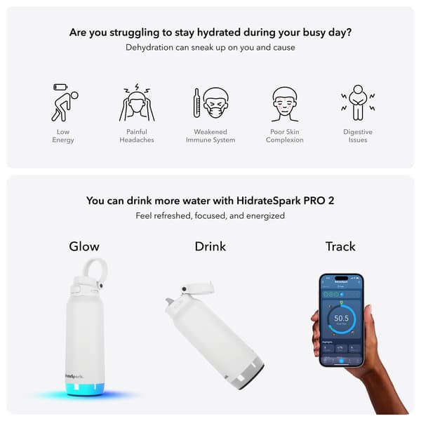 HidrateSpark PRO 2 smart vattenflaska med sugrör, 0,95 l, vit