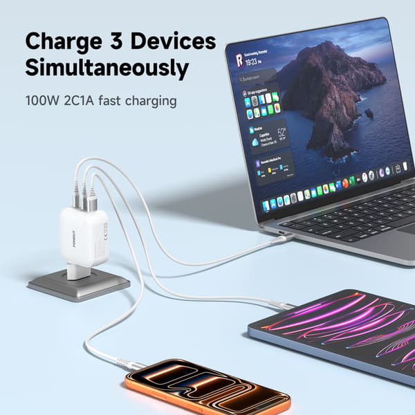 FoneKit GaN PD 100W nätadapter, USB-C + USB-C + USB-A, vit